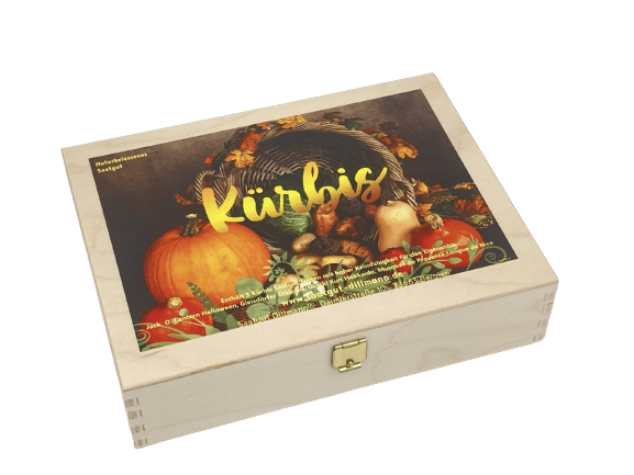 Saatgut-Box aus Holz: "Kürbis S" enthält fünf Kürbissorten