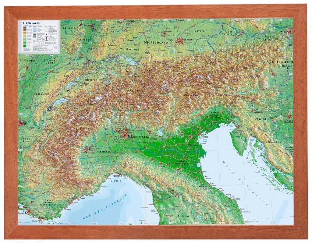 Alpen, Reliefkarte, mit Holzrahmen Tiefgezogenes Kunststoffrelief