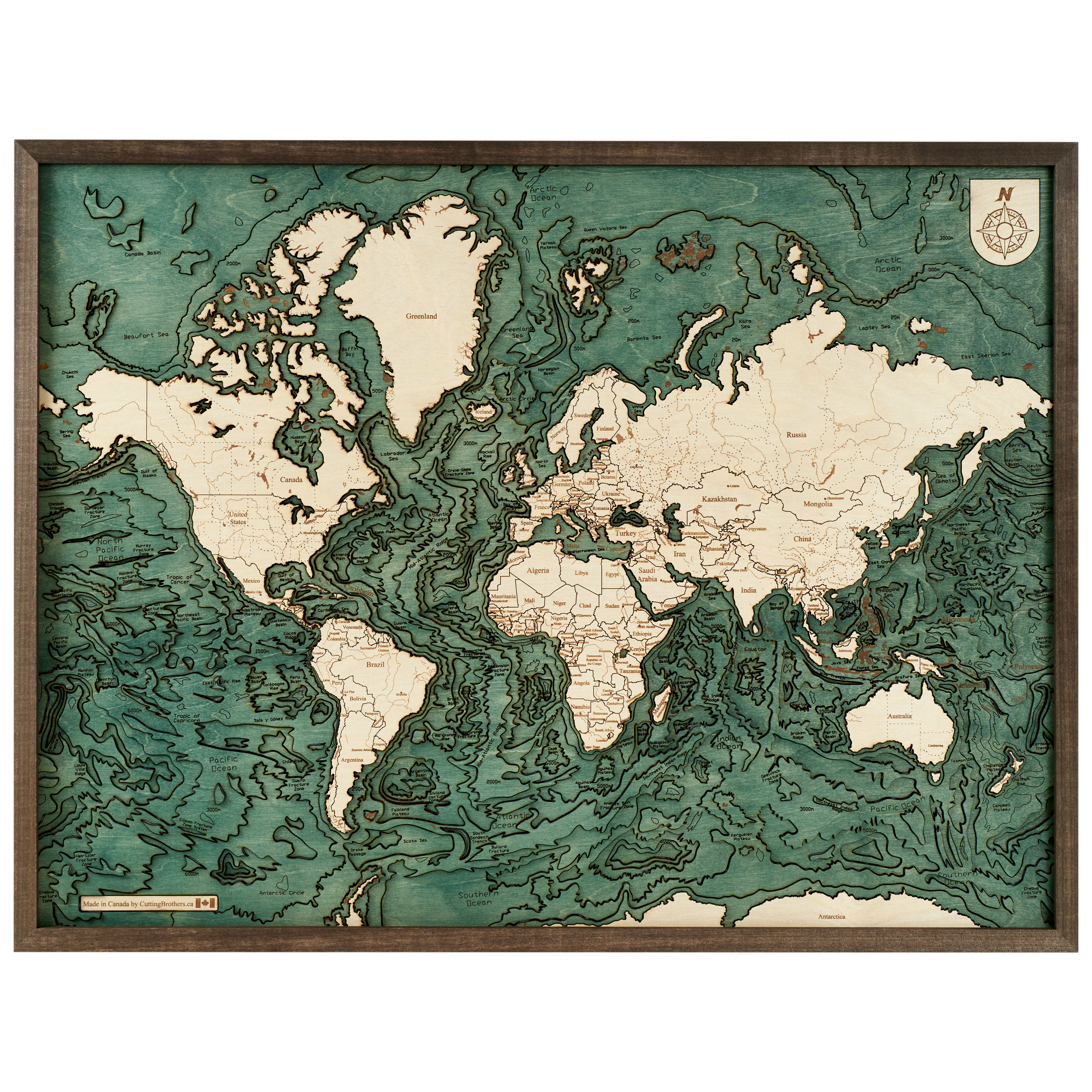 Weltkarte 3-D Holz Wandkarte