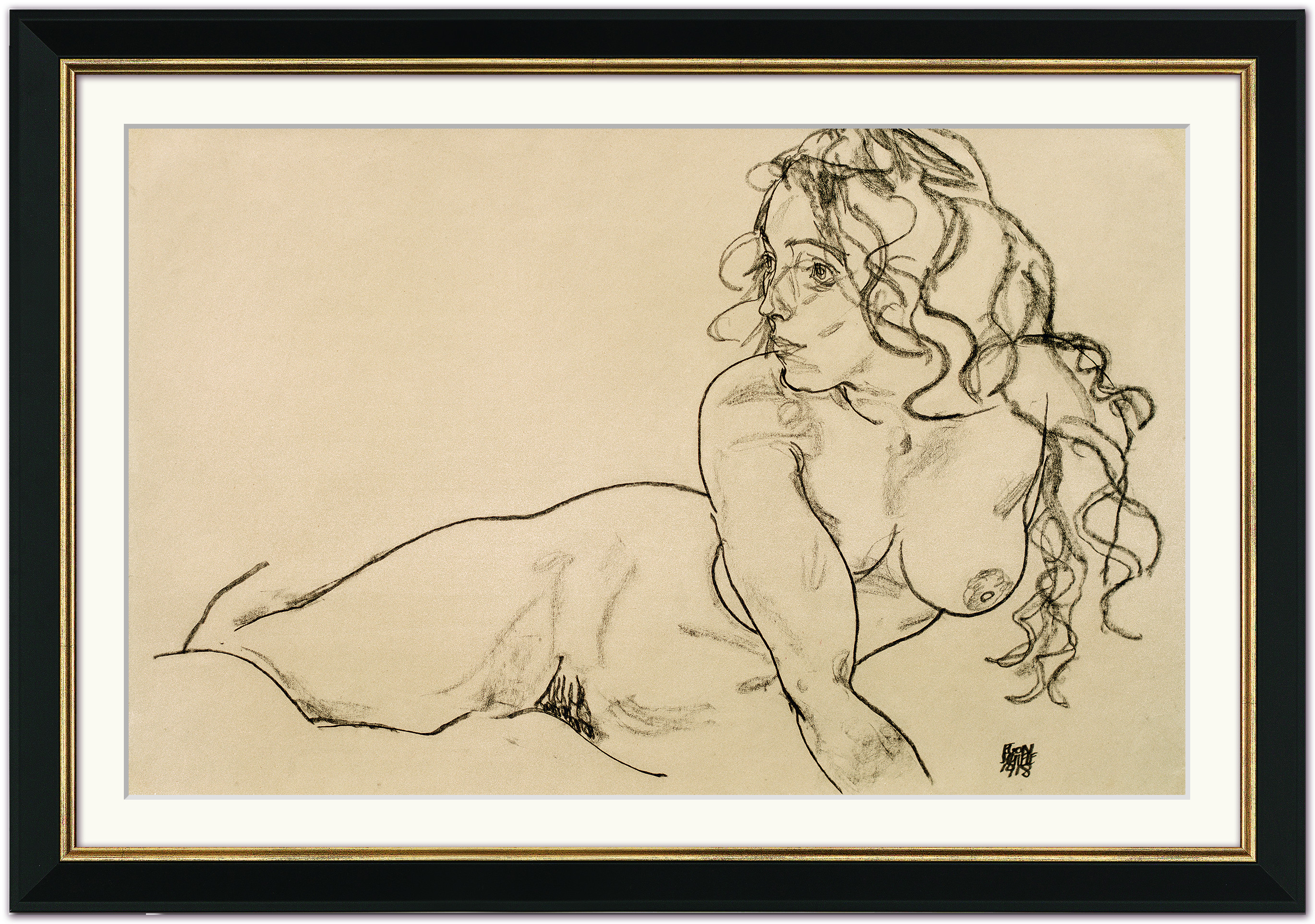 Bild "Sich aufstützender weiblicher Akt mit langem Haar“ (1918) Egon Schiele