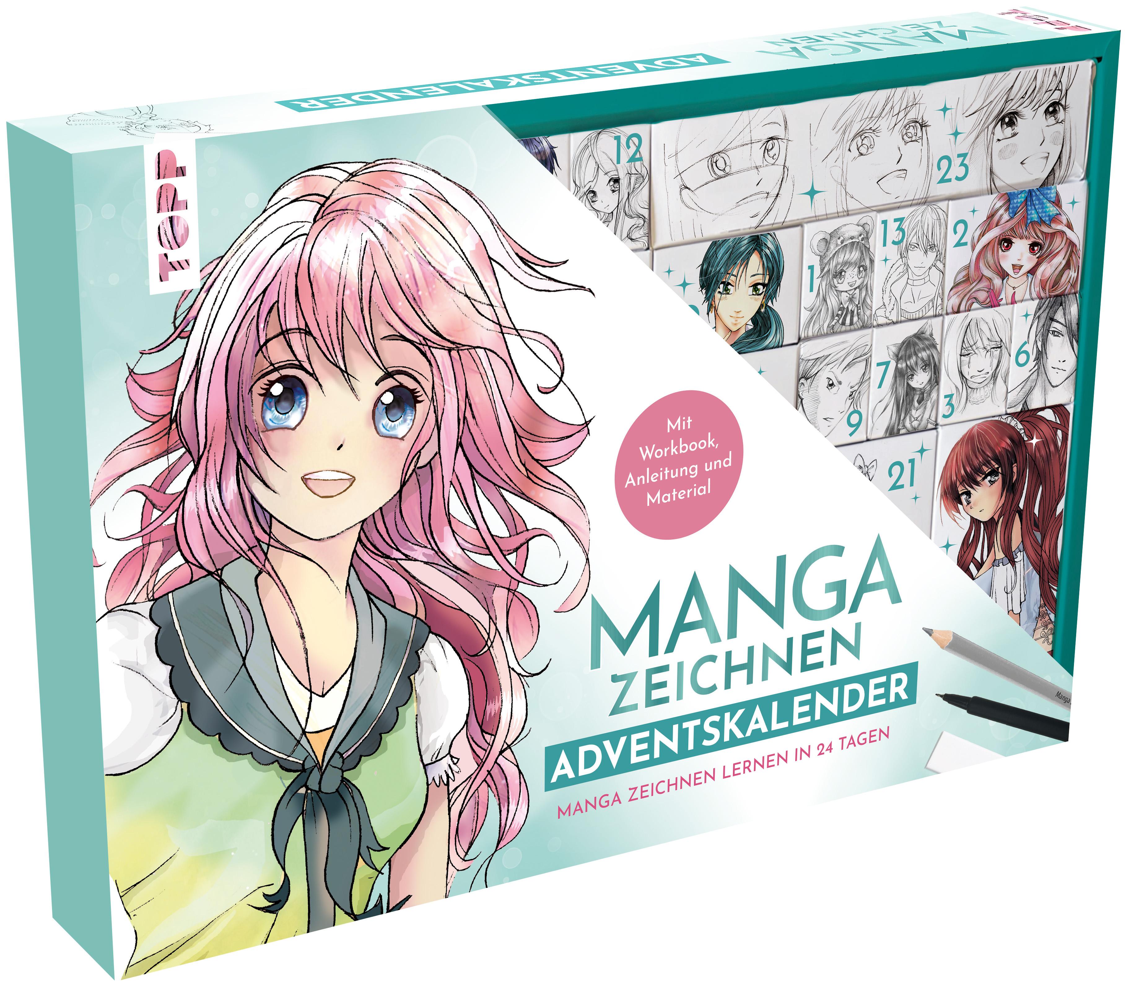Manga zeichnen Adventskalender - Manga zeichnen lernen in 24 Tagen. Mit Anleitungsbuch, Workbook und Zeichenmaterial Box (38,5 x 26,5 x 5 cm) mit 24 kleinen Boxen