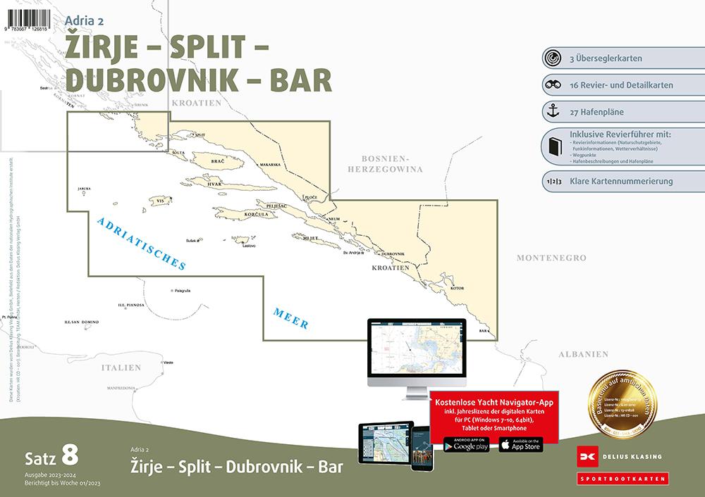 Sportbootkarten Satz 8: Adria 2 (Ausgabe 2023/2024) Zirje - Split - Dubrovnik - Bar