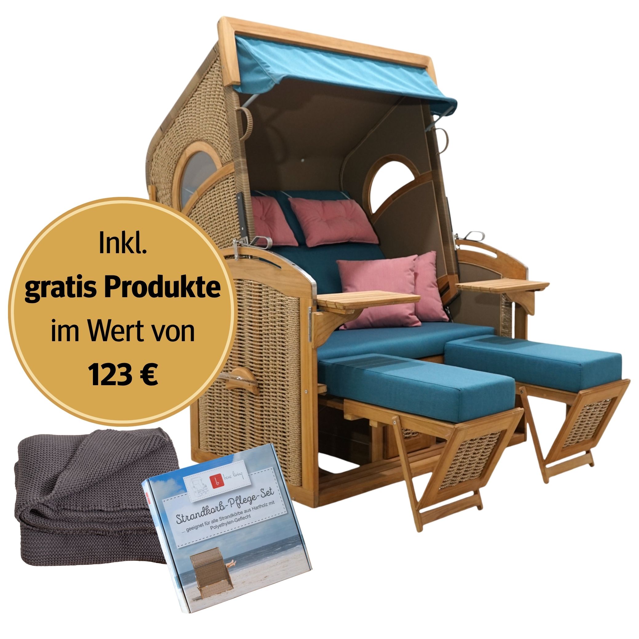 Strandkorb 2-Sitzer Komplettset | Teakholz – Korallenbank limitierte Sonderedition