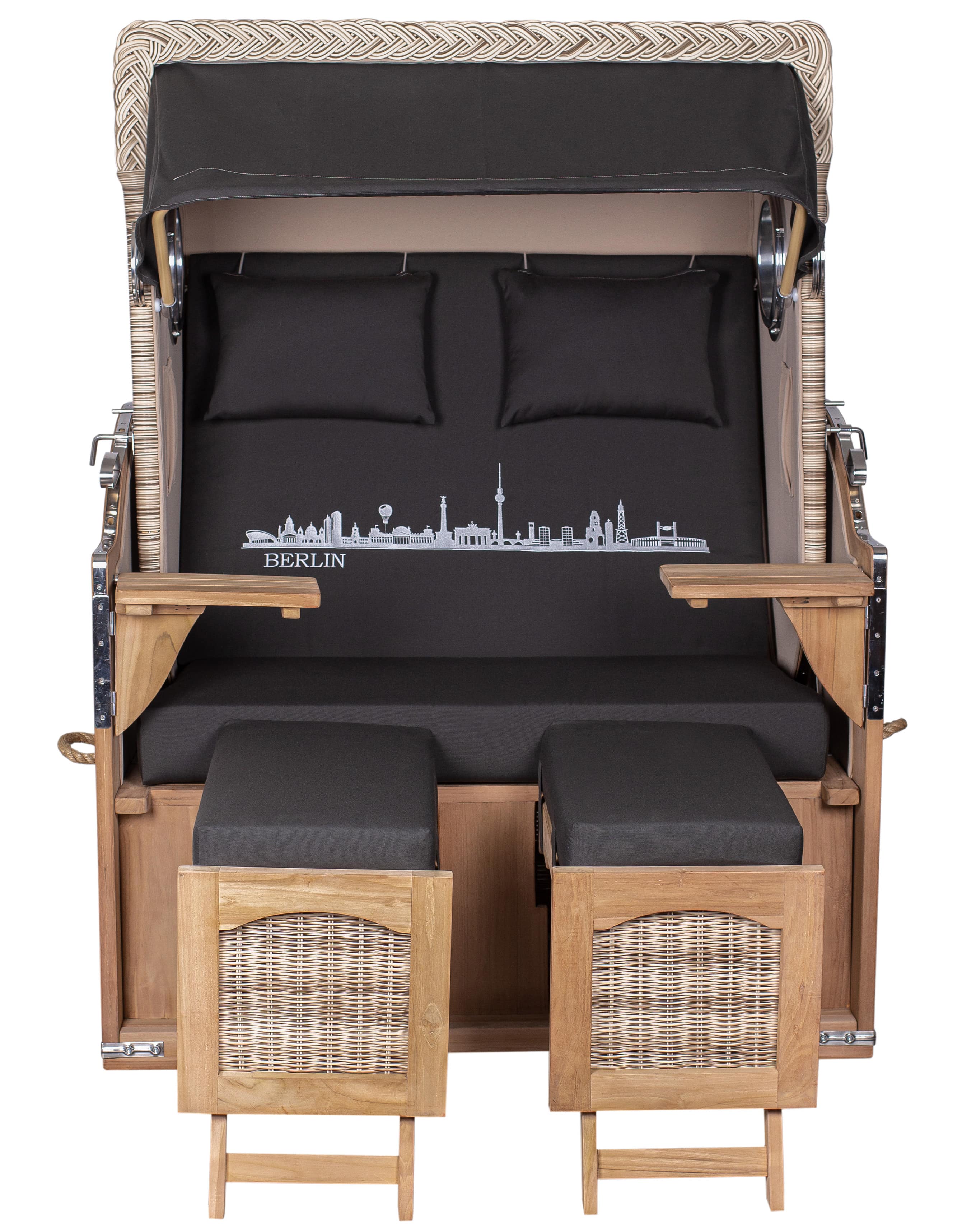 Strandkorb "Skyline Berlin" aus Teakholz – 2-Sitzer Komplettset