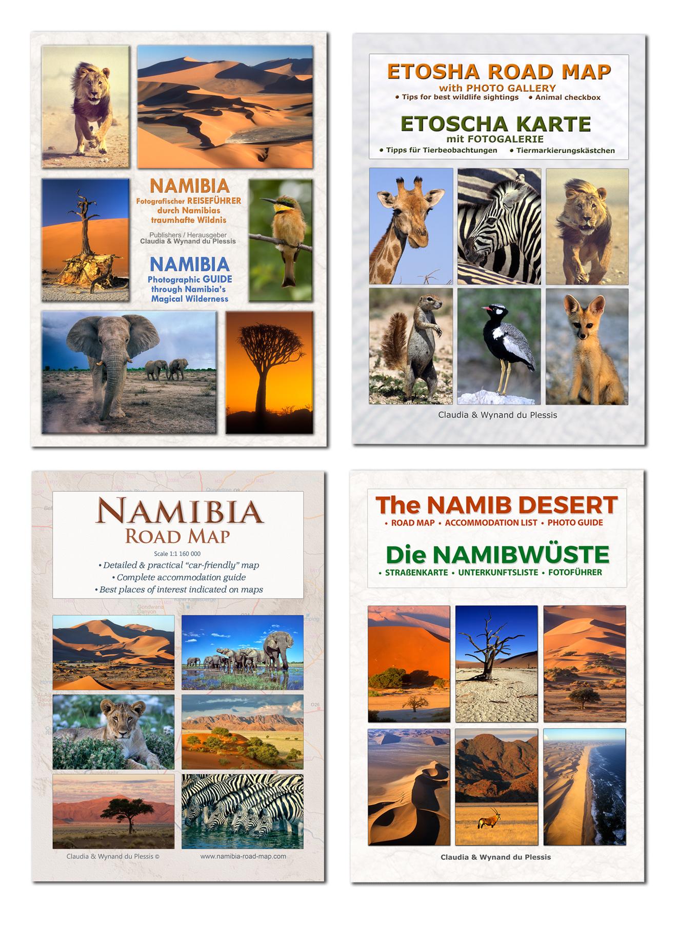 Das komplette Kartenset NAMIBIA Plus (4-teilig) Detaillierte NAMIBIA Straßenkarte + ETOSCHA Karte (mit Fotogalerie der Wildtiere) + Karte der NAMIBWÜSTE (mit Fotos & Fotopunkten der schönsten Orte) + Fotografischer Reiseführer NAMIBIA - Praktische ...